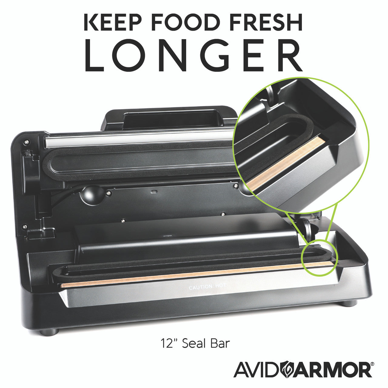 Avid Armor AVS7900 vacuum sealer open at its sealing area, showing the seal bar and gasket channel.