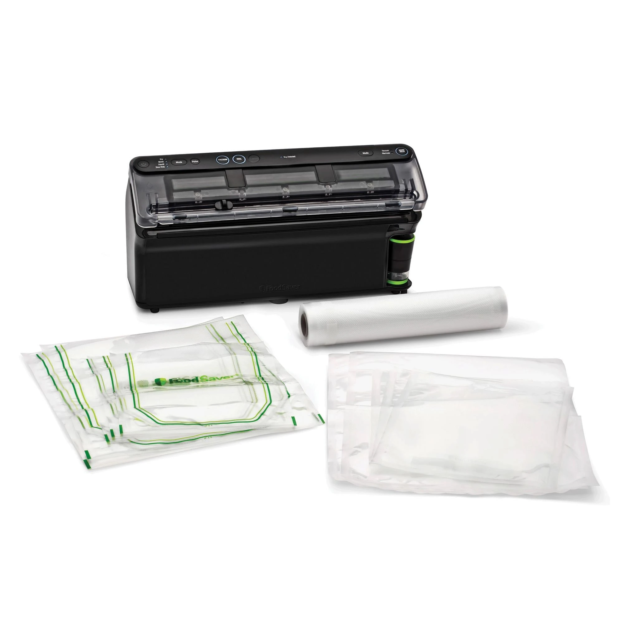 Black FoodSaver Elite 2182315 with its manufacturer-photographed roll and bag assortment