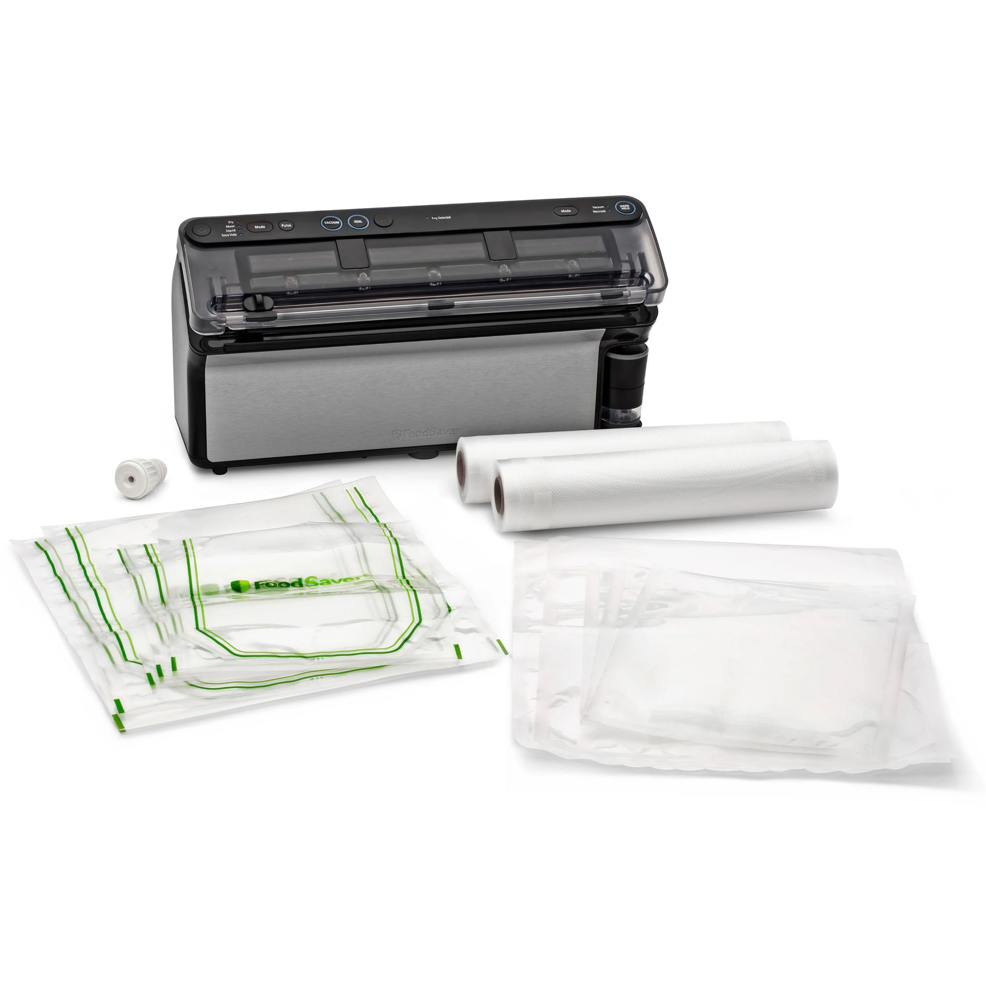 Silver FoodSaver Elite 2182279 with its manufacturer-photographed rolls, bags and stopper