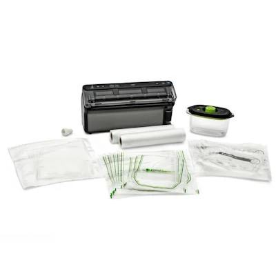 Dark FoodSaver Elite VS5960 with its listed starter bags, rolls and five-cup container