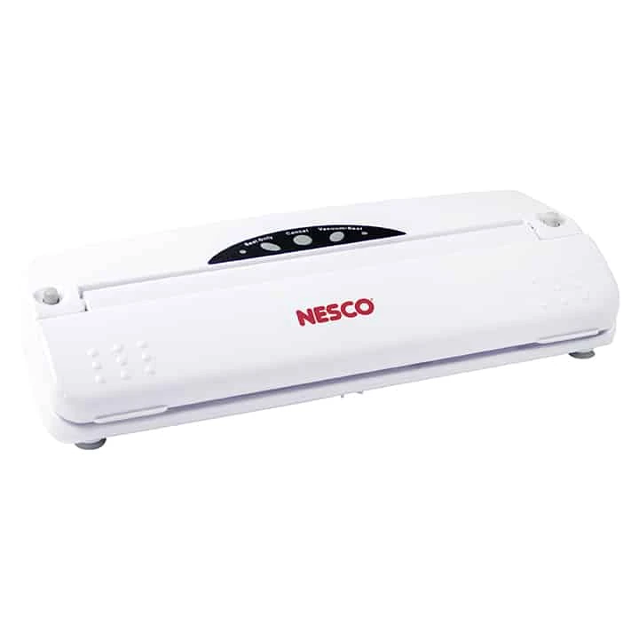 NESCO VS-01 white vacuum sealer with its black oval control panel