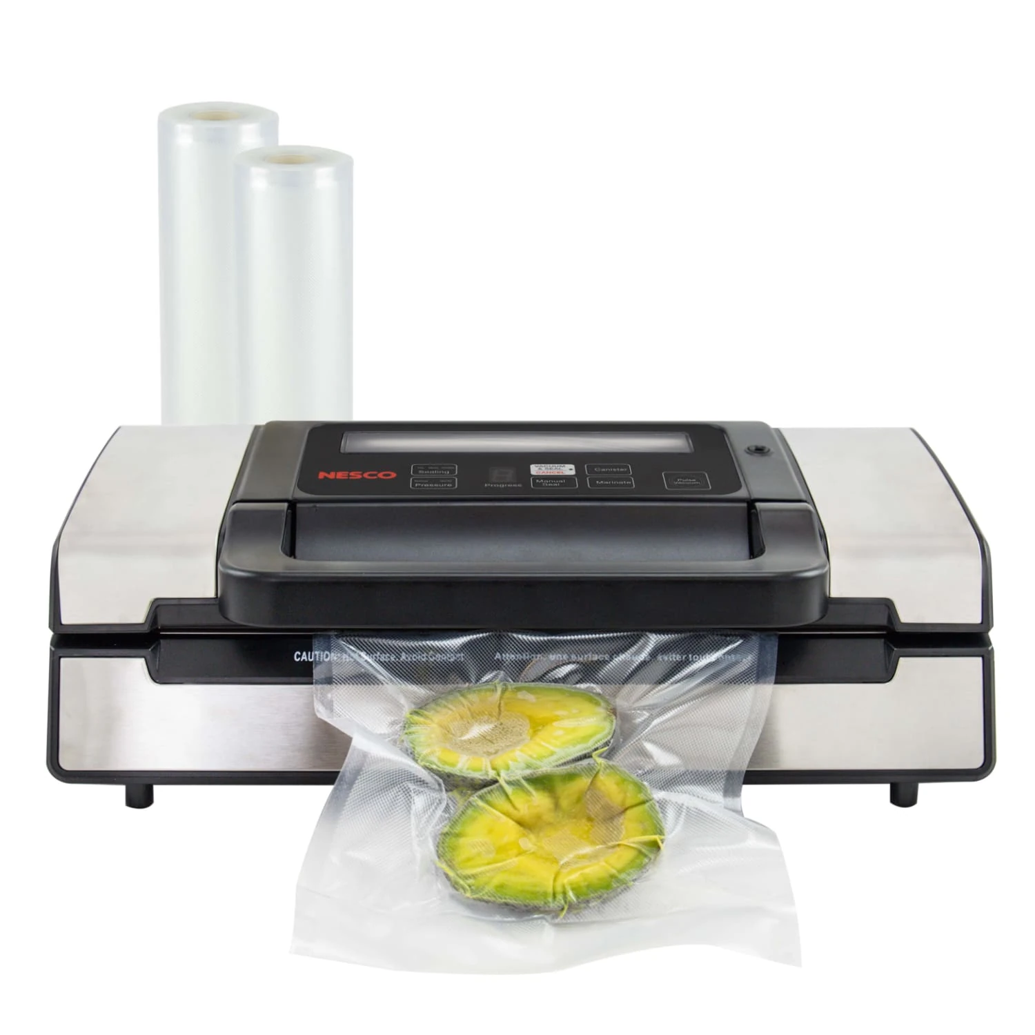NESCO Deluxe VS-12P vacuum sealer with black locking handle and stainless-finish sides