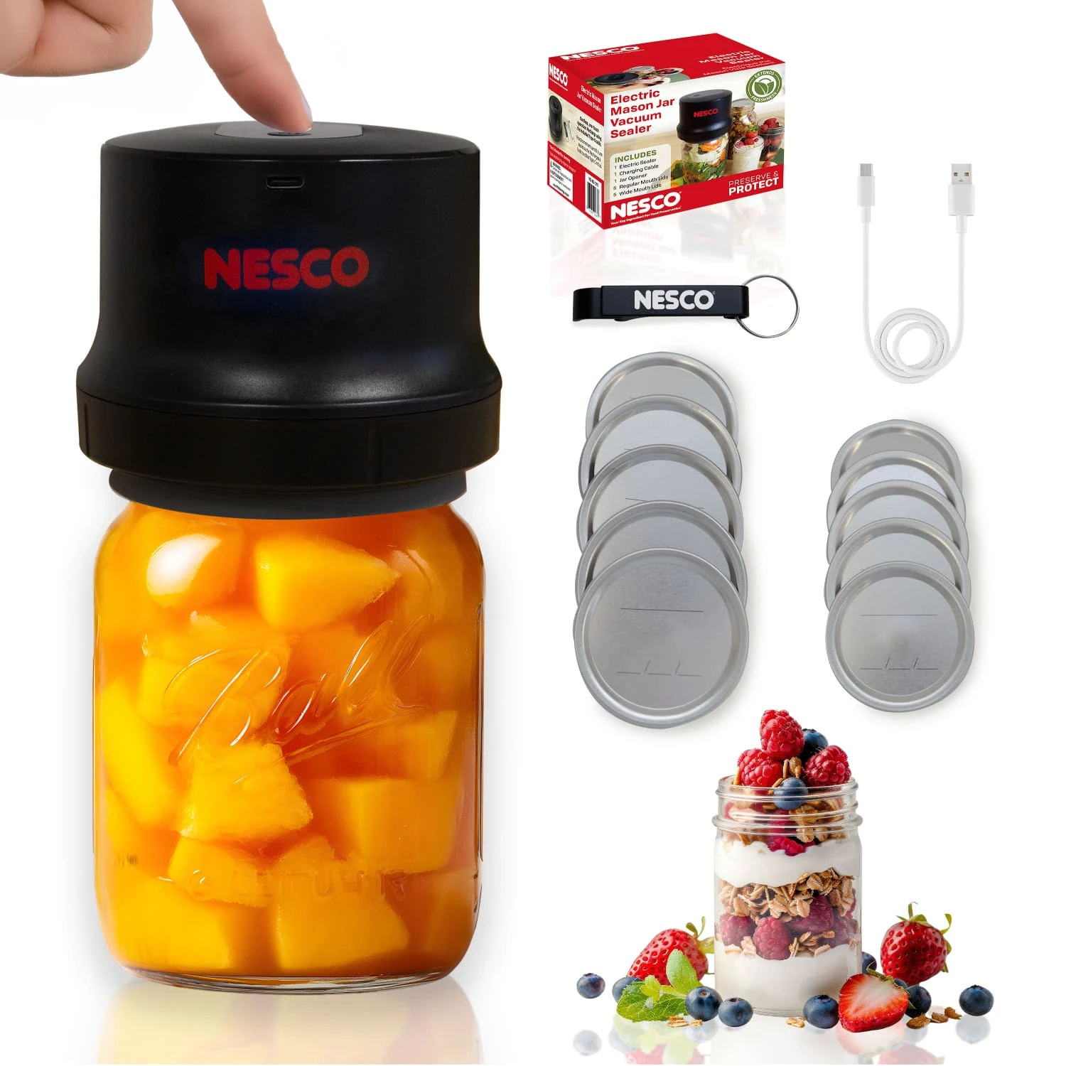 NESCO VS-MJ-2N1 black Mason jar sealer with charging cable, opener and lids
