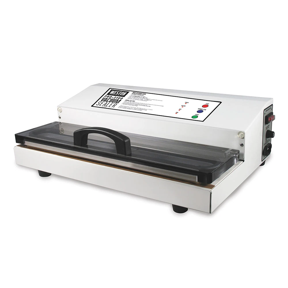 Weston Pro-2100 white vacuum sealer with transparent lid and three control buttons