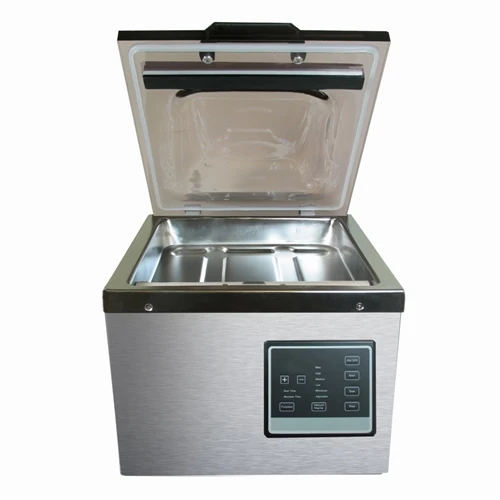 Weston Pro-2500 chamber sealer with lid open and pressure-level control panel